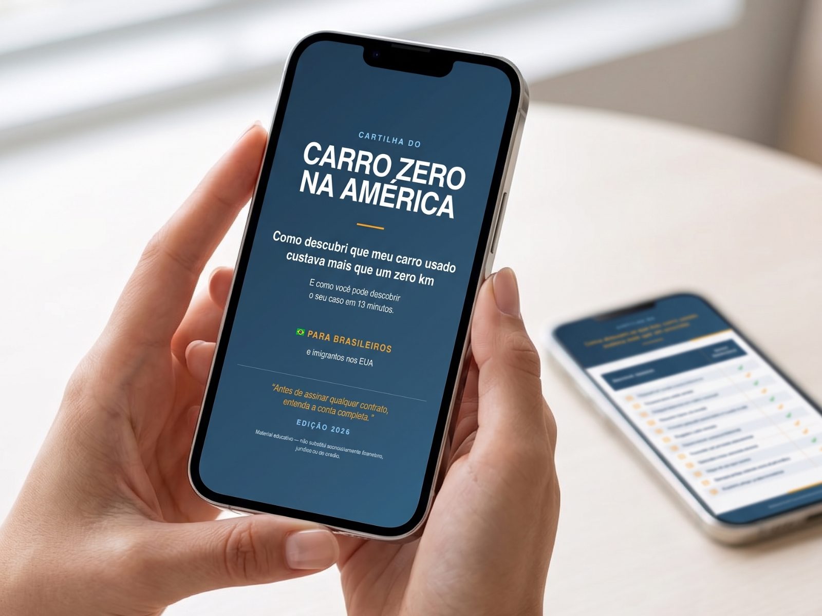 Mãos segurando celular com a Cartilha do Carro Zero na América